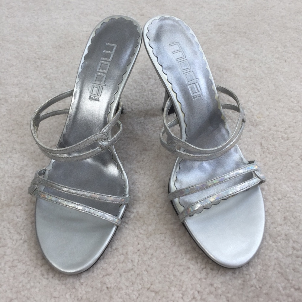 Moda Spana Dressy Silver Iridescent Strap Slip On Backless Heeled Sandal - 6 - Picture 2 of 10